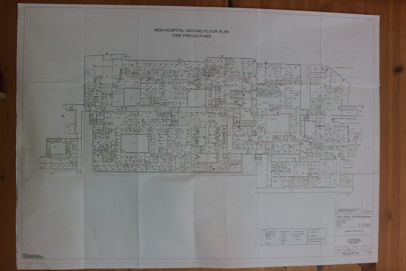 A large-format architectural drawing: New Hospital Ground Floor Plan, Fire Precautions, Hereford County Hospital